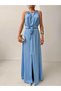 Blue Tie Detail Slit Satin Dress - 4