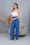 High Waist Wide Leg Blue Trousers with Lace-Up Waist - 4