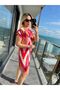 Women's Polo Neck Geometric Patterned Sleeve Drawstring Detailed Linen Pink Dress - 3