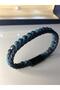 Steel bracelet - veined blue agate stone beads and knitted leather men's bracelet • in illuminated box - 4