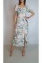 Women's Green Beige Balloon Sleeve Heart Collar Slit Linen Dress Yy101272
