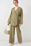 Women's Double Breasted Collar Kimono Bottom Top Set 6743 - Khaki