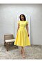 Crew Neck Lemon Yellow Poplin Flared Gathered Dress - 6