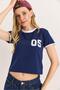 Crew Neck Stripe Detailed Crop Tshirt Navy Blue
