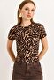 Zebra Pattern Ribbed Knitted Fabric Brown Blouse - 3