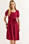Square Collar Wrinkle Fabric Midi Length Belted Burgundy Dress - 4