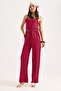 Women's Jumpsuit with Strap Belt and Pockets Claret Red - 2