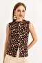 Crew Neck Gold Buttoned Ottoman Ribbed Blouse Zebra Brown