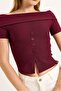 Boat Neck Button Detailed Ribbed Knitted Blouse Burgundy - 6