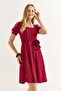 Square Collar Wrinkle Fabric Midi Length Belted Burgundy Dress