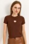 Heart Detailed Ribbed Knitted Blouse Brown - 4