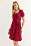 Square Collar Wrinkle Fabric Midi Length Belted Burgundy Dress - 3