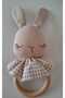 Rabbit Teether Handmade, Beige & Beige Gingham Color 100% Cotton Fabric, 100% Natural Wood