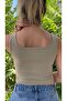Women's Khaki Basic Rib Tank Crop – Lycra Sports Top - 3