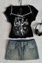 Black  Bride Stitch Detail Ribbon Y2K Short Sleeve Crop