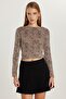 Women's Slim Fit Slim Fit Viscose Fabric Back Detailed Long Sleeve Crew Neck Patterned Blouse - 4