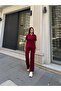 Burgundy Polyester Linen Polo Neck Suit - 3