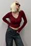 Burgundy V-Neck Long Sleeve Button Detail Camisole Bodysuit Mg2194 - 2