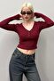 Burgundy V-Neck Long Sleeve Button Detail Camisole Bodysuit Mg2194