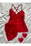 Women's Red Satin Vanessa Nightgown Dressing Gown Dowry Set - 4
