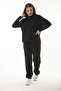 Women's Large Size Black Kangaroo Pocket and Hooded Sweatshirt Trousers Buttoned Suit 65N37053 - 6