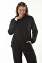 Women's Large Size Black Kangaroo Pocket and Hooded Sweatshirt Trousers Buttoned Suit 65N37053 - 3