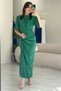 Grass Green Satin Balloon Sleeve Draped Dress with Slit Detail - 3