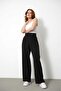 Women's Black Pleated High Waist Button-Closure Fabric Palazzo Pants - 6