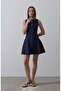 Navy Blue Dress with Lace-Up Bust and Flared Hem - 3