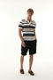Men's Mustard Color Striped Polo Collar Short Sleeve Knit Sweater - 4