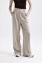 Women's Beige High Waist Pleated Wide Leg Pants with Elastic Back