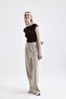 Women's Beige High Waist Pleated Wide Leg Pants with Elastic Back - 4