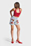 Women's Ice Denim Color 3S5-3 Red Flower Embroidered Midi Length 100% Cotton Relaxed Fit Design Denim Shorts - 4