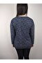 Women's Navy Blue White U Neck Long Sleeve Patterned Slit Woven Suede Mother Combed Cotton T-Shirt - 3