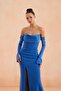 Indigo Gloves Slit Crepe Evening Dress - 2