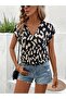 Women's Short Sleeve V Neck Patterned Single Jersey Blouse - 4