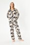Women's 100% Cotton Woven Milk Coffee Flower Pattern Shirt Collar Button-Through Pocket Pajamas Set - 5
