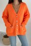 Women's Orange Wide Fit Standard Size Double Pocket Button Detailed Off Shoulder Oversize Knitwear Cardigan