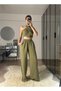 Mia Khaki Muslin Fabric Halter Neck Trousers Blouse Set - 2