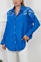 Women's Cobalt Blue Robe Foil Printed Oversized Shirt with Pocket Detail - 4