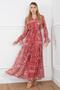 Women's Graphic Pattern Red V Neck Lined Elastic Waist Chiffon Dress Suitable for Hijab - 3