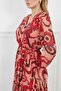 Women's Shawl Pattern Burgundy V-Neck Lined Elastic Waist Chiffon Dress Suitable for Hijab - 7