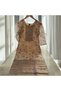 Women's Floral Print Kurti 3/4 Sleeves, Camel and Grey Roses Pattern, Traditional Border Design