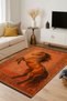 Mosso Vintage Look Orange Themed Black Horse Patterned Fringed Woven Base Decorative Carpet Mosso62 - 2