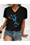 V-Neck Blue Butterflies Printed Oversize T-Shirt