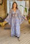 Blue Color Waist Embroidered Gold Detailed Silk Trousers Blouse Set