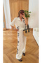 Women's Ecru Floral Embroidered Polo Neck Linen Blouse Trousers Set