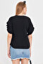 Women Black V Neck Ruffled Short Sleeve Blouse Arm-25Y001070 - 5