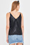 Women's Shiny Black Linen Look Strap Blouse Arm-24Y001064 - 5