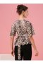 Animal Print Round Neck Pleated Detail Top - 3